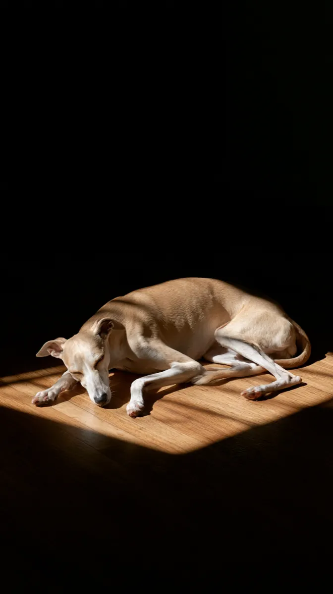 A whippet curled asleep in a patch of sunlight