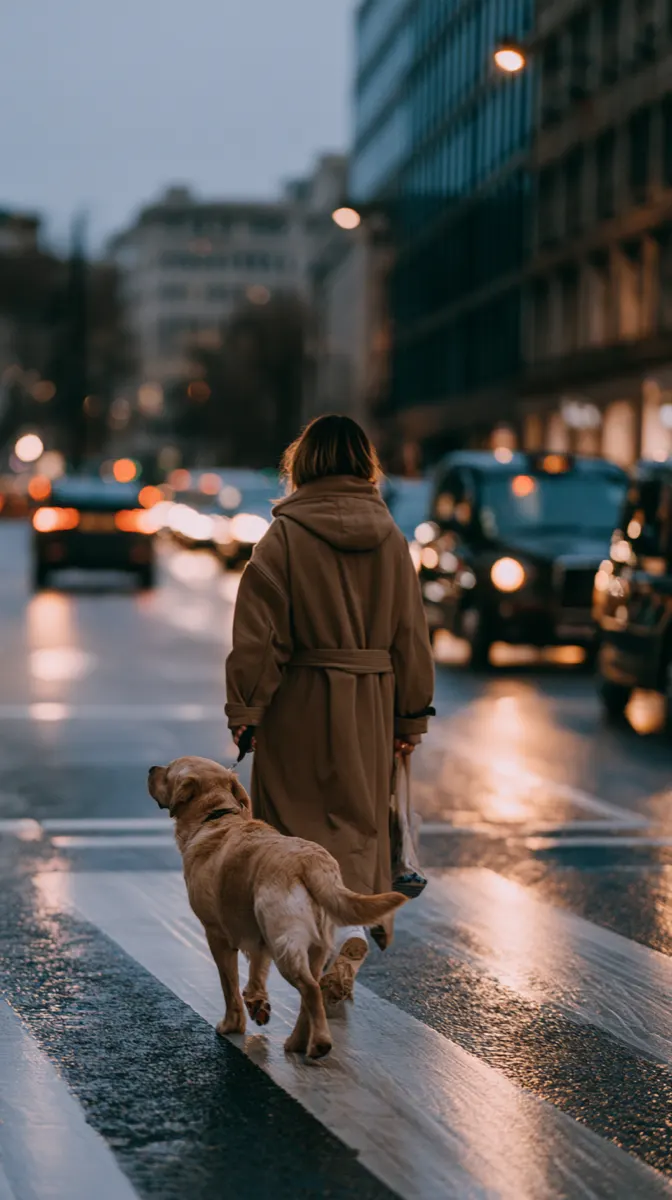A woman and a labrador on a wet zebra crossing