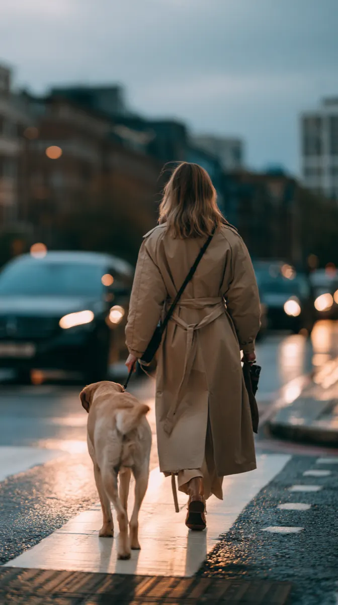 A woman and a labrador on a wet zebra crossing