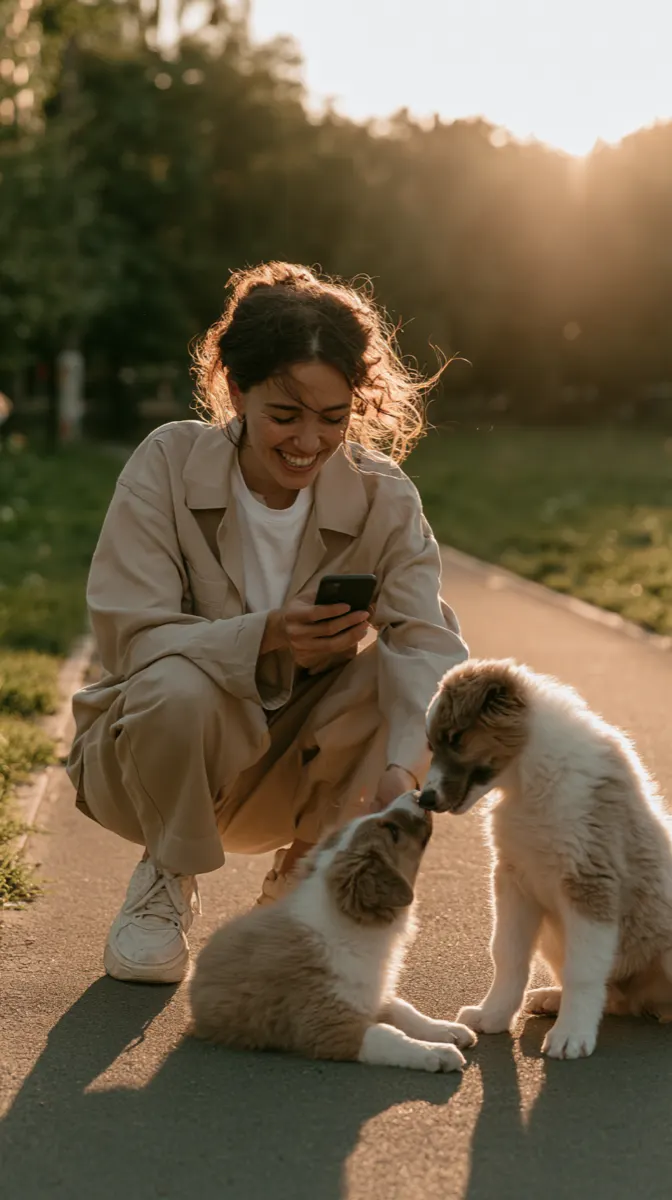 A woman crouching on a park path, smiling