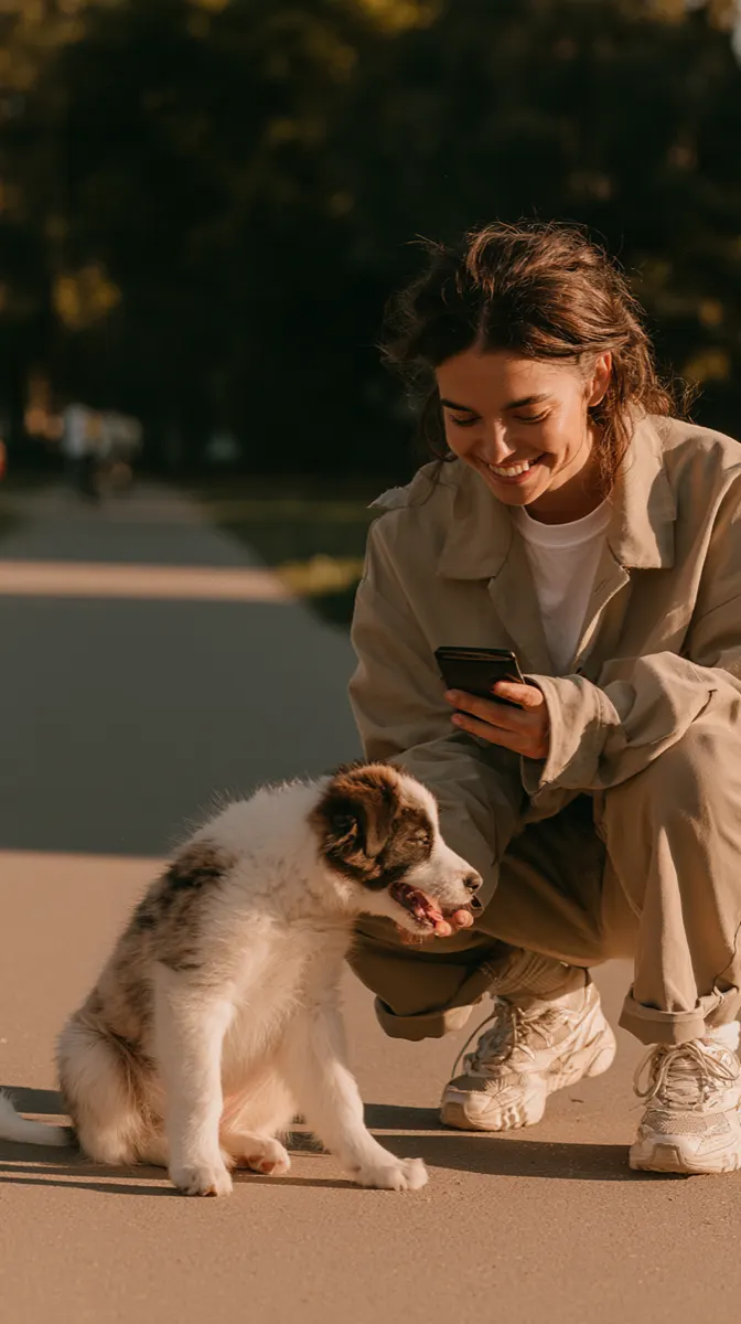 A woman crouching on a park path, smiling