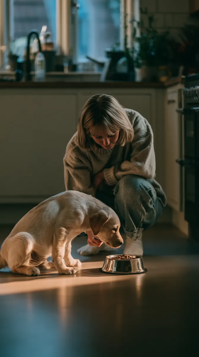 A young woman kneeling on the kitchen floor, feeding a puppy