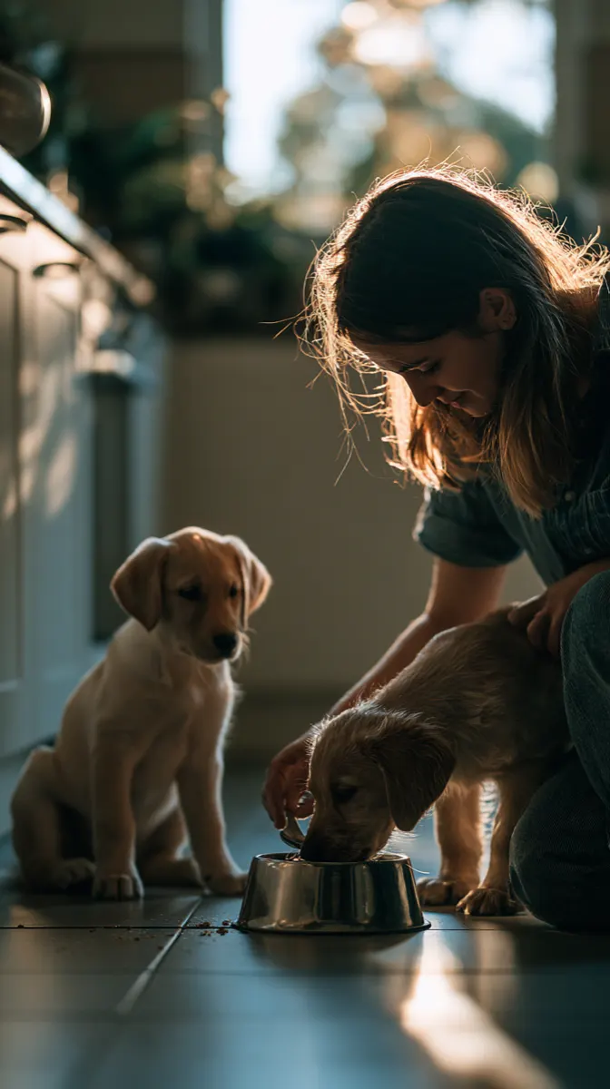 A young woman kneeling on the kitchen floor, filling the dog bowl