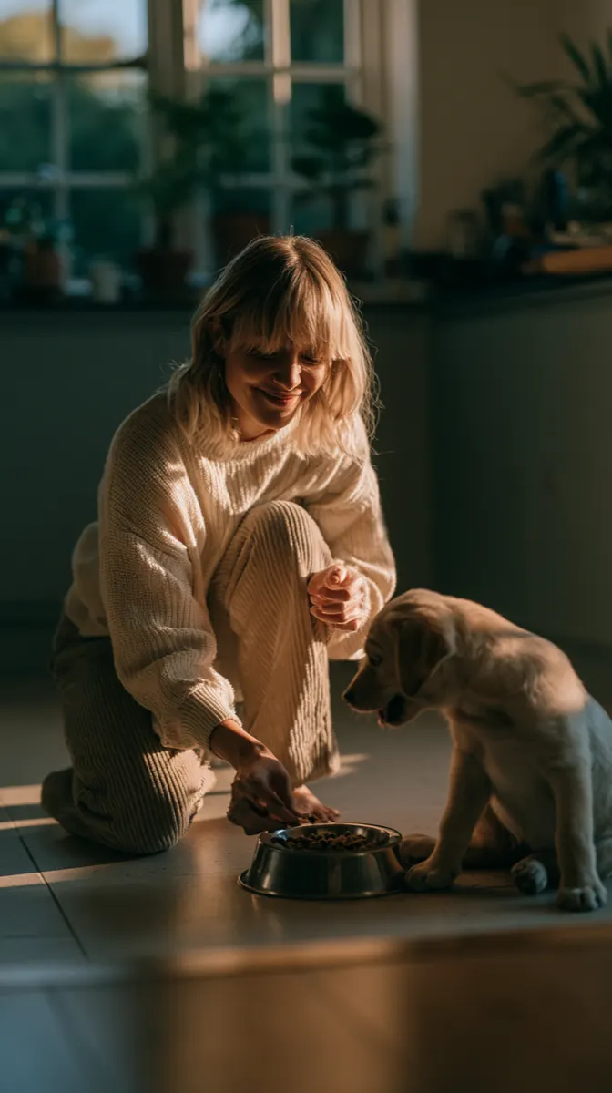 A young woman kneeling on the kitchen floor, offering a puppy its food