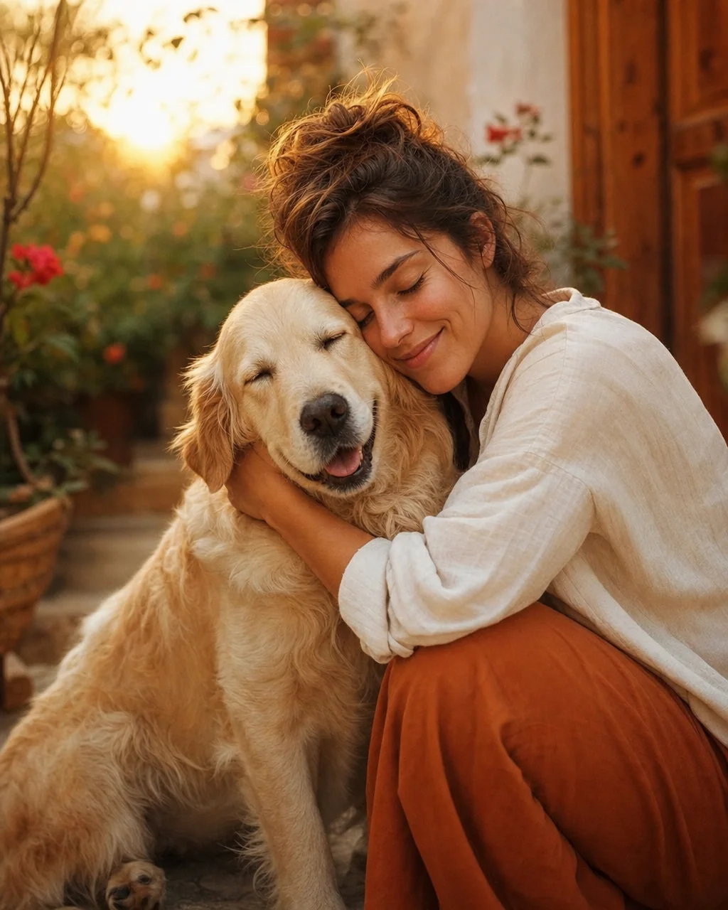 Someone resting their cheek against their golden retriever in the last of the evening sun